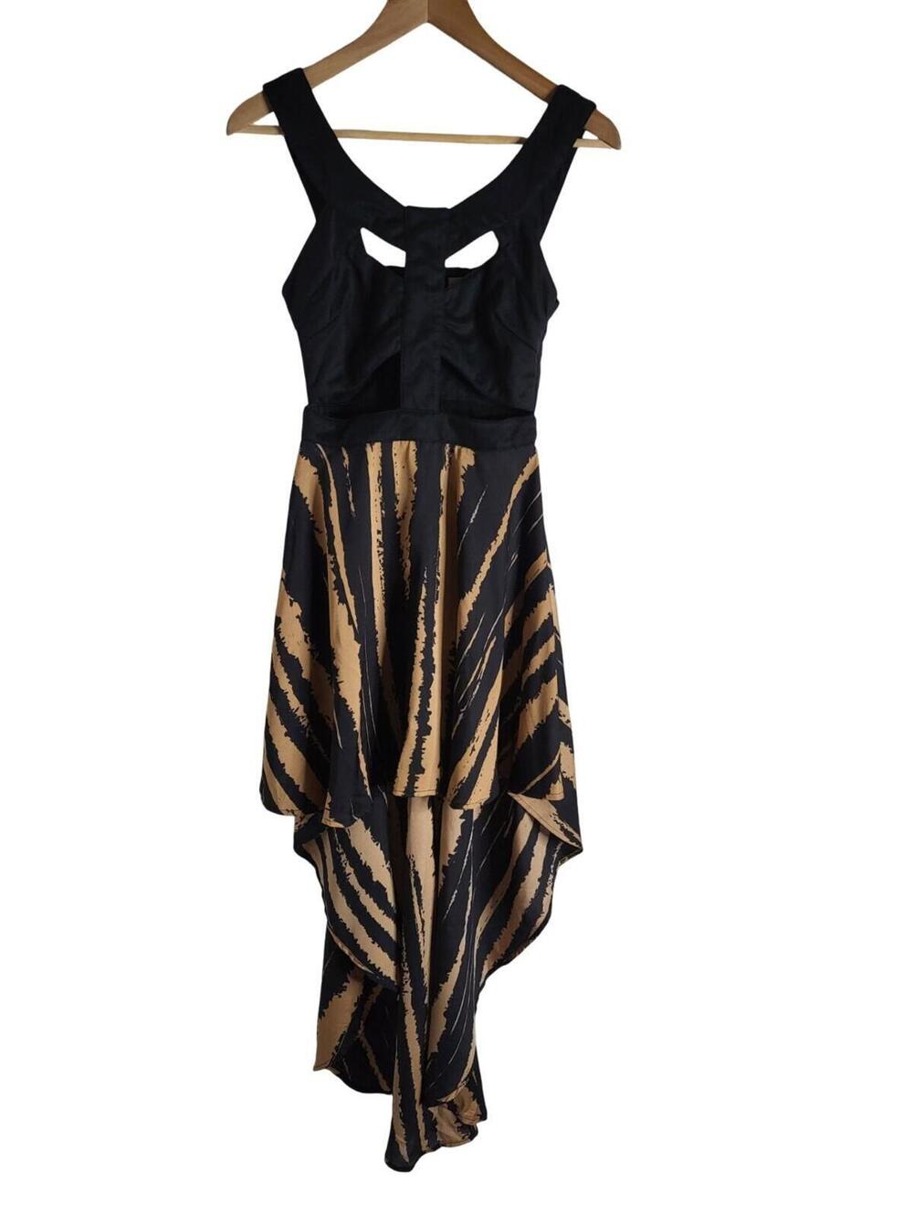 Reverse Cut Out High Low Dress Flowy Abstract Black And Tan Tiger Print Sz S NWT